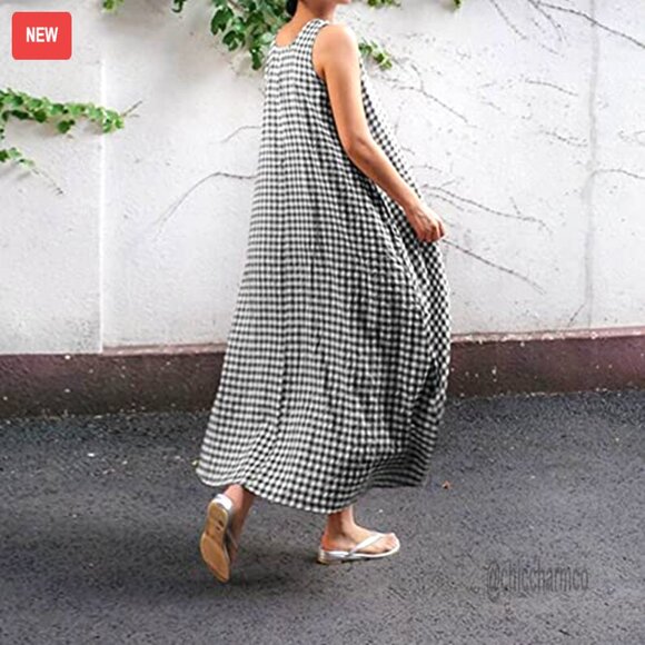 Loose-Fit Cotton Plaid Maxi Dress with Pockets, Sleeveless Boho Sundress - Picture 3 of 5